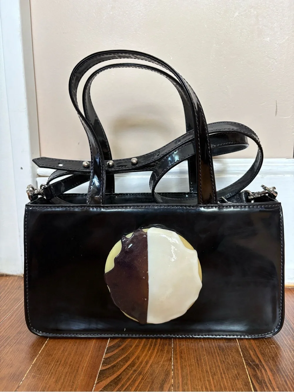Puppets and Puppets Black Patent Shoulder Bag | Black and White Cookie - Picture 1 of 6